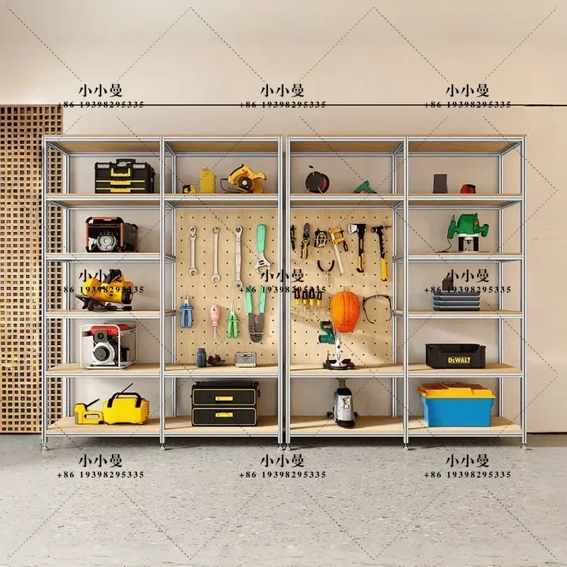 Multi-layer Tool Storage Rack Office Display Stand Aluminum Profile Pegboard Birch Wood Floor Standing Organizer Shelf