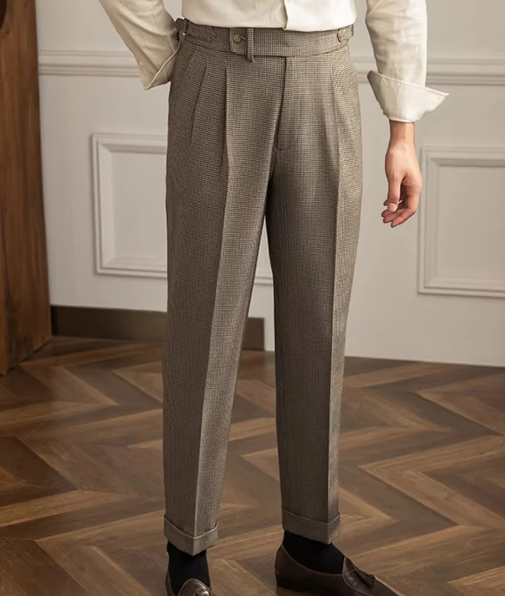 بنطلون رجالي بريطاني عالي الخصر بنطال مستقيم الساق للأعمال الإيطالية بنطلون ريترو هومبر بنطلون اجتماعي أنيق
