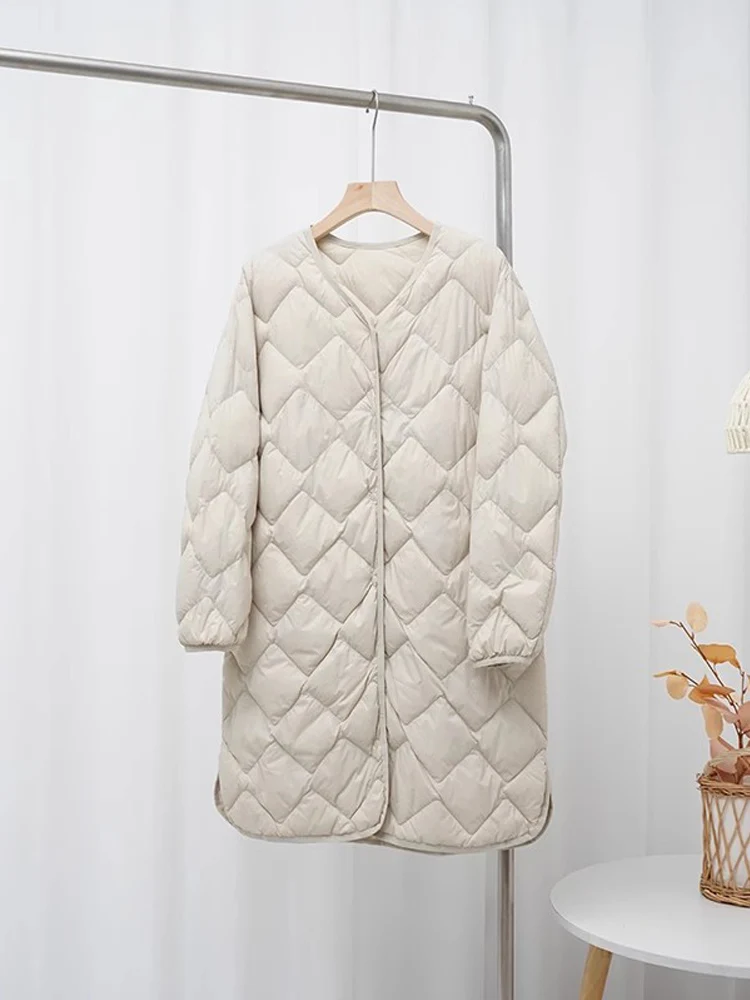 0-10℃ Korean Style Women Winter Coats 2024 New Autumn Ultra Light Long Duck Down Jackets Collarless Windproof Puffer Parkas