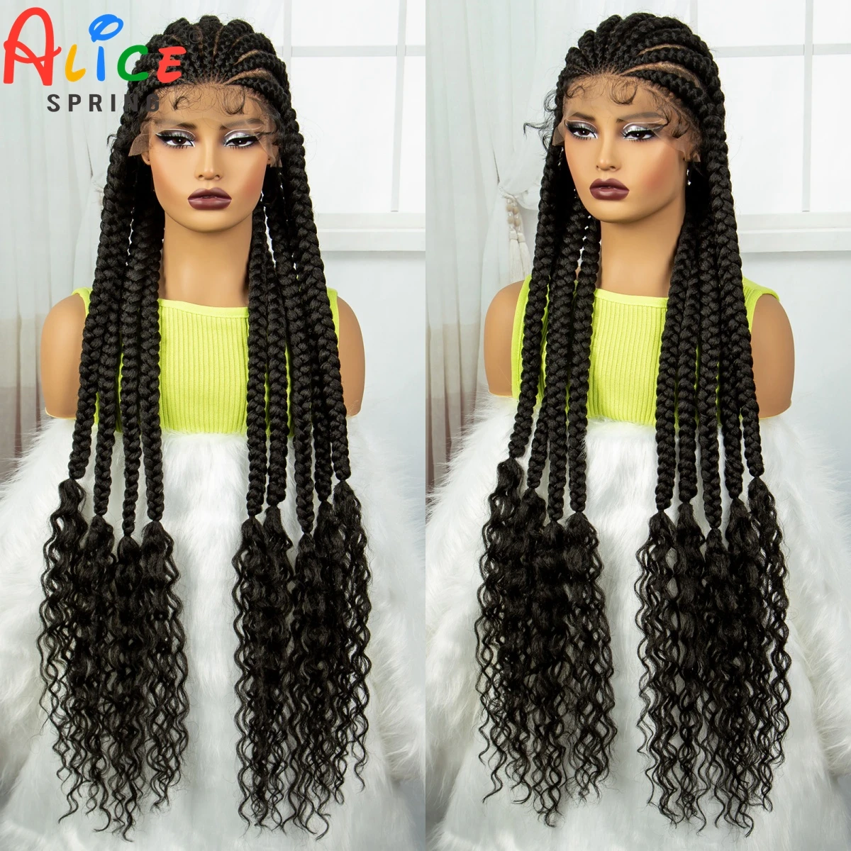 Perucas sintéticas trançadas de renda completa com fins encaracolados para mulheres negras, caixa sem nós frontal, cabelo trançado, peruca cornrow