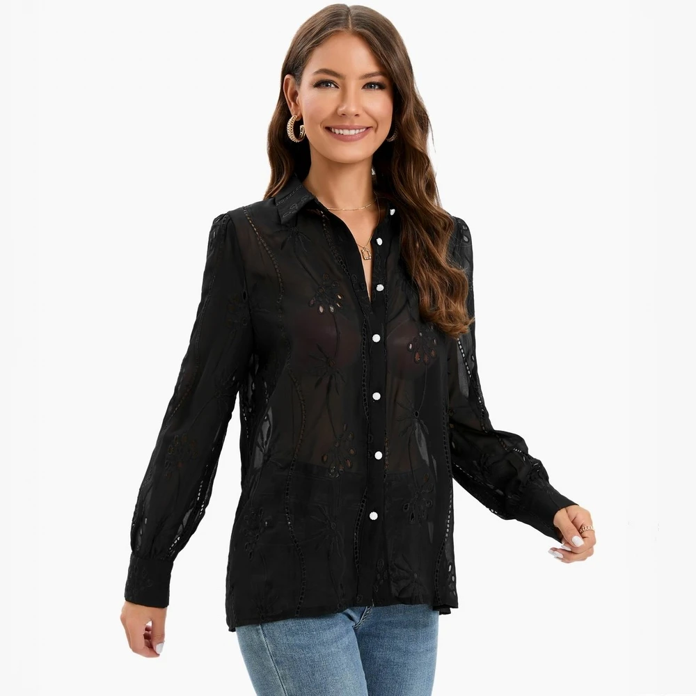 Black Chiffon Shirt Women 2023 New Fashion Transparent Top Wears Preppy Lady Embroidered Lace Blouse