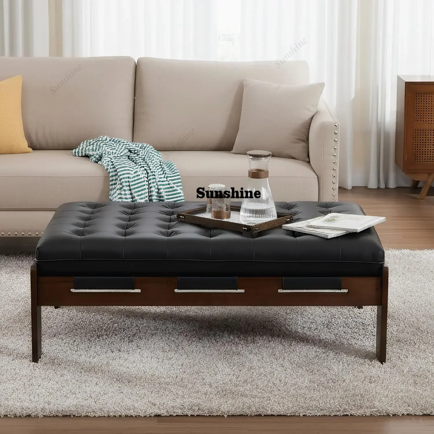 

47.75" Rectangle Ottoman Coffee Table, Large Faux Leather Upholstered Living Room Table, Modern Oversized Tufted, Customized FT
