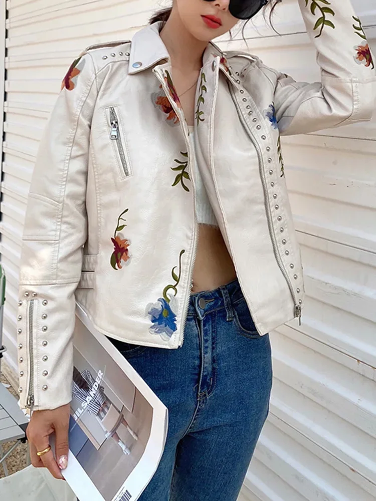 

Women Vintage Floral Print Embroidery Short Black Pu Faux Leather Jacket Spring Autumn Female Zipper Coat Retro Outwear 2025