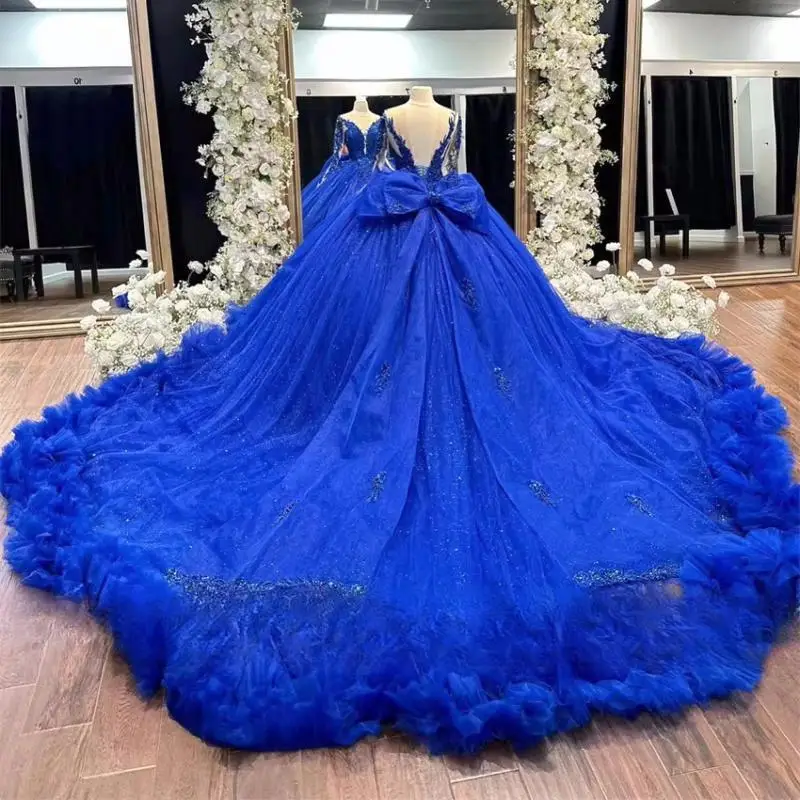 Customized Elagant Royal Blue Princess Quinceanera Dresses Ruffle Puffy Bead Sequins Appliques Vestidos 15 Años Birthday Dress