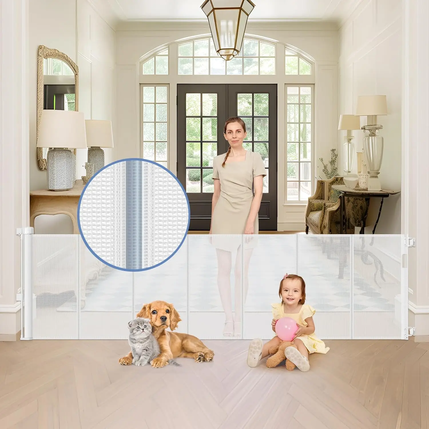 

Выдвижные ворота для детей и домашних животных шириной 90 дюймов с усиленной сеткой для использования в помещении и на открытом воздухе, простая установка