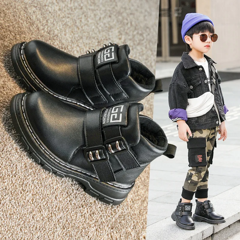 

Winter & Spring Boys Children Boots Fashion Soft Bottom Genuine Leather Kids Black Shoes Size 26-37