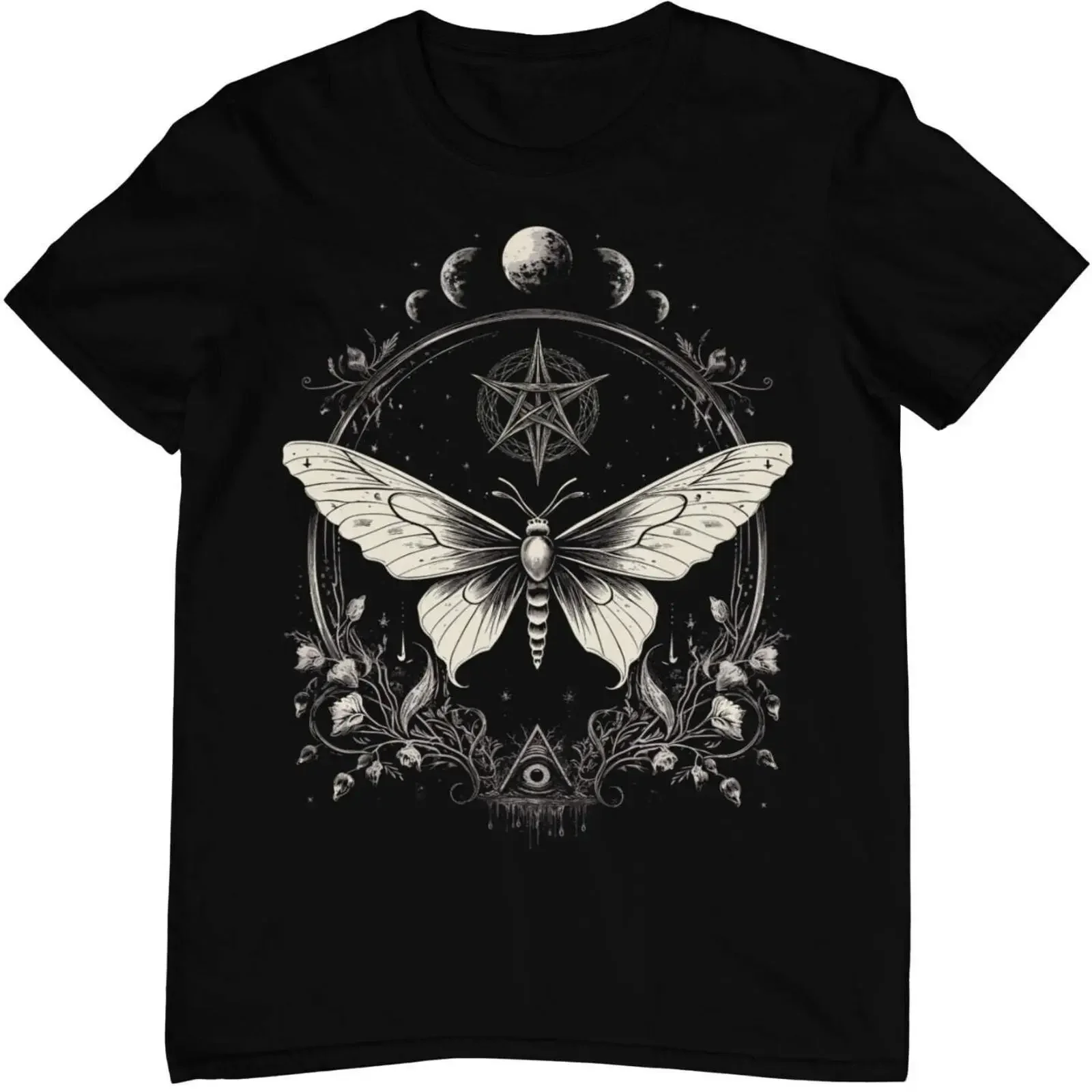 Gothic Moth T Shirt Pentagram Moon Phases Third Eye Wicca Pagan Esoteric Goth Grunge Casual Cotton vintage Washed