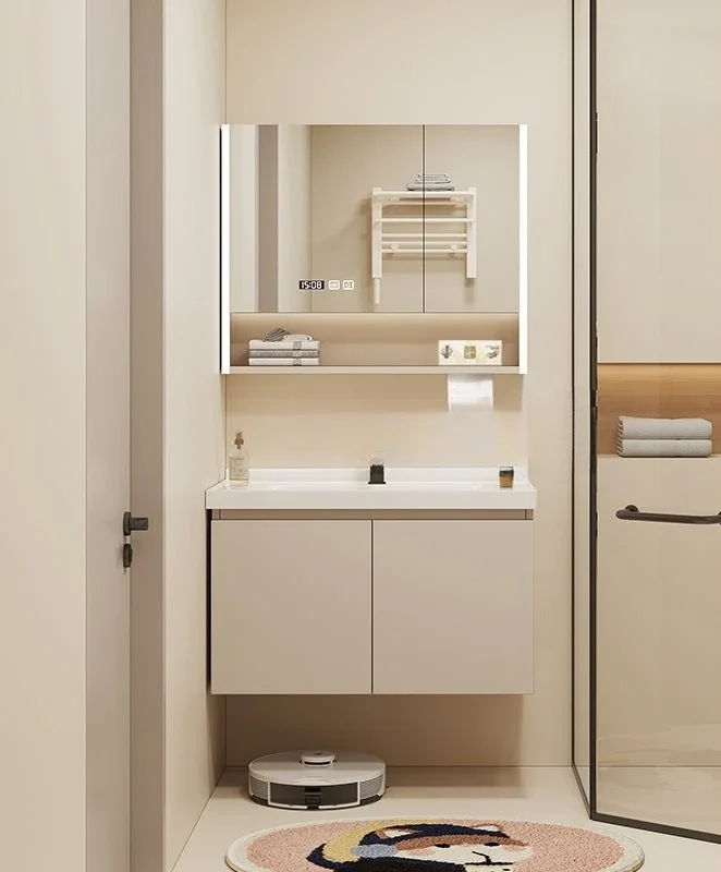 

Small apartment bathroom cabinet combination ceramic integrated cream bathroom wash basin and washstand