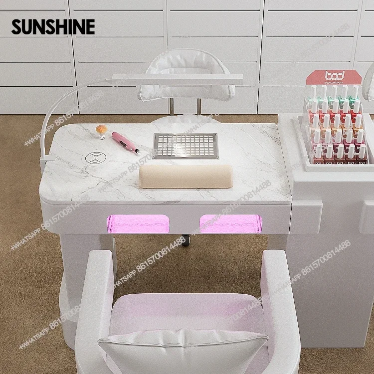White Nail Manicure Table LED Light Dust Collector Beauty Salon Table Professional Aethetic Furniture Onglerie Professionnel