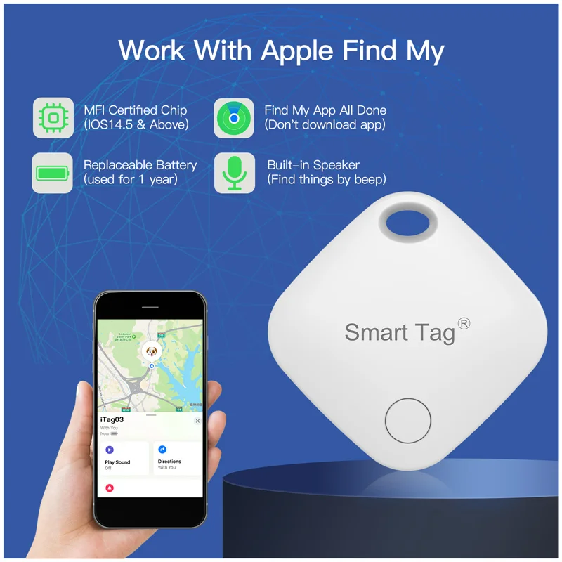 Smart Bluetooth Alarm Tracker Works with Find My APP Anti Lost Device for Iphone Tag Replacement Locator MFI Rated