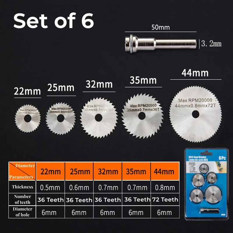 Set of 6/7 HSS Mini Circular Saw Blade Woodworking Cutting Disc Rotating Drilling Tool Accessories For Wood Plastic Aluminum