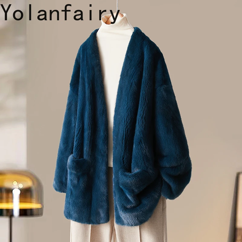 YOLANFAIRY Wysokiej Jakości Kurtki z Naturalnego Futra Norki dla Kobiet Jesień Zima Naturalny Płaszcz Futrzany Dekolt w Serek Prawdziwe Futro Kurtka Średniej Długości