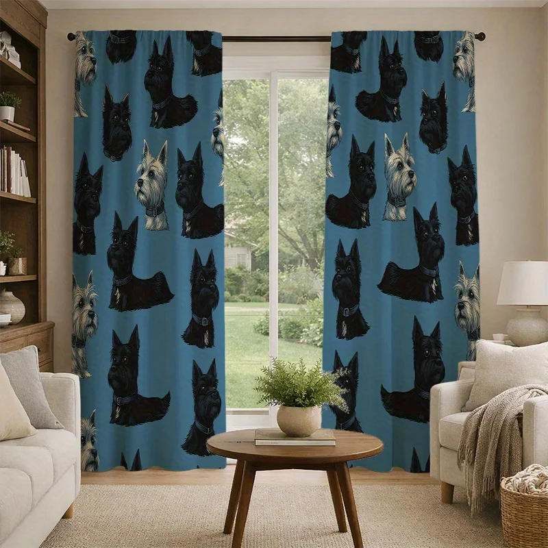 Cute Scottish Terrier Dog Curtains, Blue Puppy Print Window Drapes, Pet Lover Home Decor Blackout Fabric for Living Room Bedroom