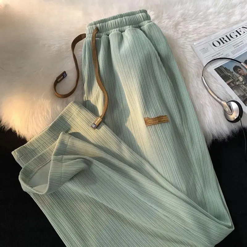 Simplicity Trend Summer Casual Pants Men's Elastic Waist Drawstring Pocket Quick Drying Thin Ice Silk Wide Leg Straight Trousers