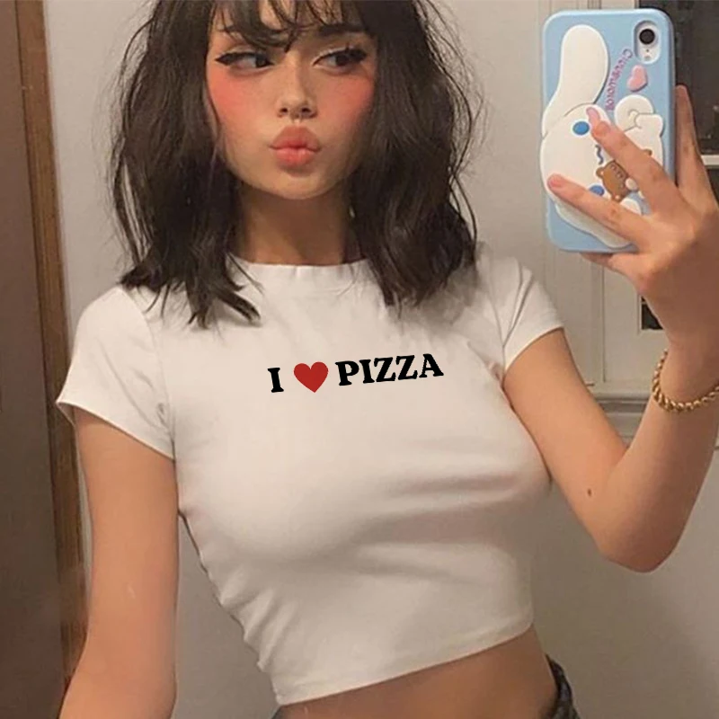 

L Love Pizza Print Y2K Aesthetic Kawaii Baby Tees Women Casual Short Sleeve Crop Top Korean Fashion Harajuku T-shirt Streetwear