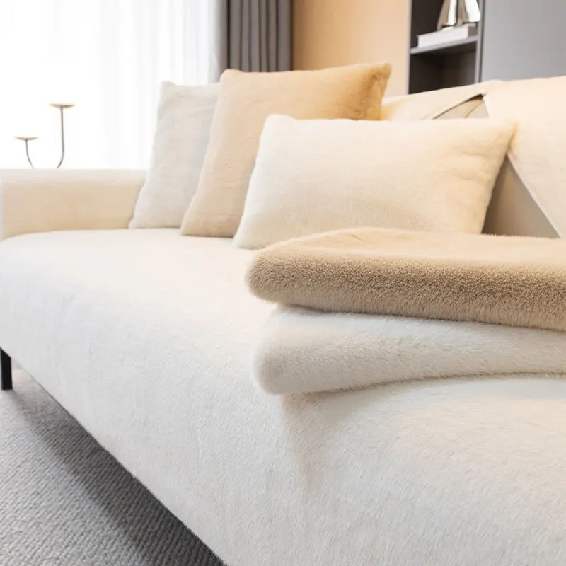 

High-End Furry Faux Mink Fur Sofa Cushion Winter Plush Anti-Slip Solid Cloth Sofa Cover Living Room and Office Couch Protector