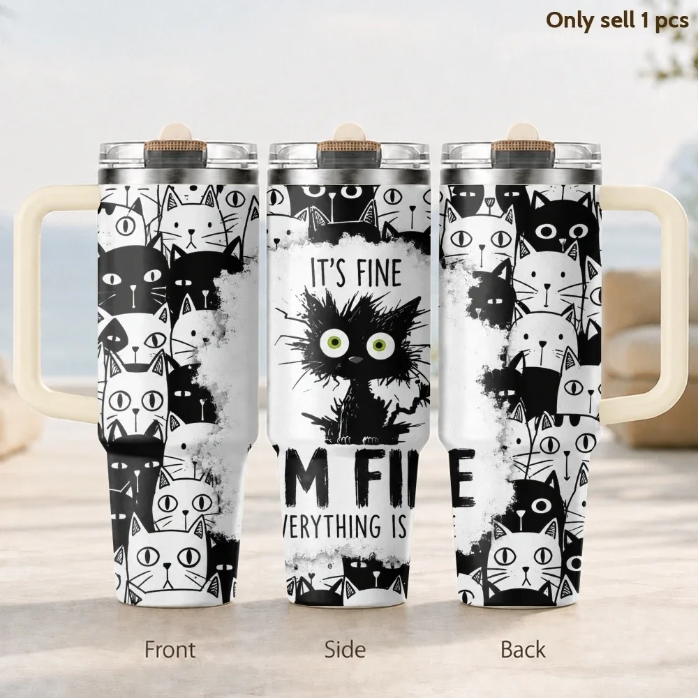 

Everything Is Fine Cat Slogan Vacuum Flasks 40oz 3rd Gen Vacuum Insulated Stainless Steel Tumbler Cup With Handle Straw Lid