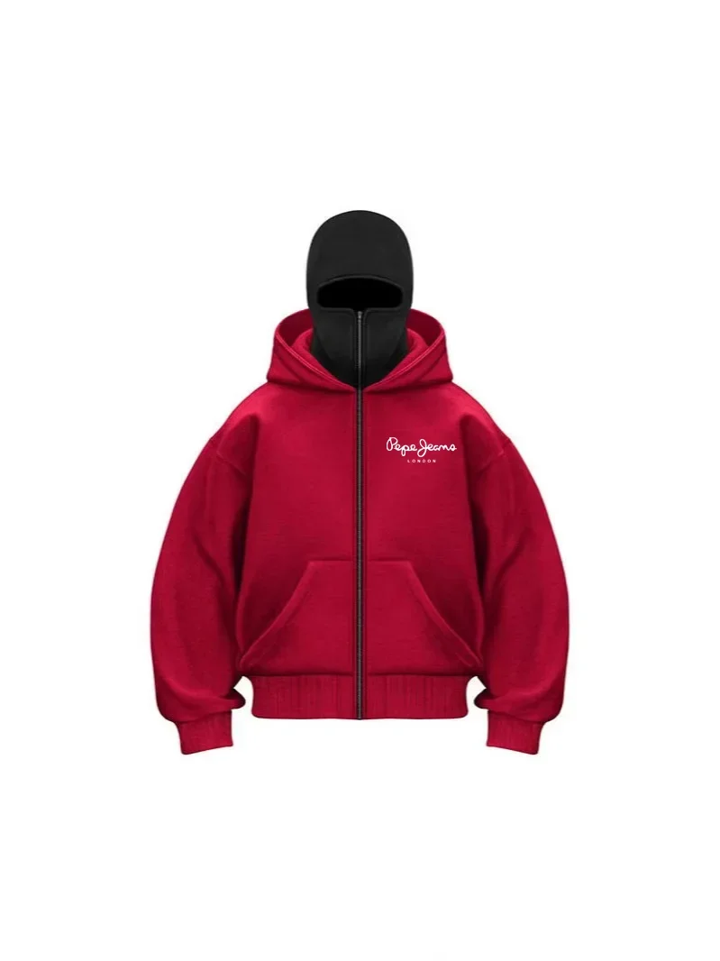 Roupas esportivas masculinas com capuz com zíper, roupas esportivas quentes de inverno, casual Y2K, capuz de máscara, jaqueta com design de zíper, esportes ao ar livre ac