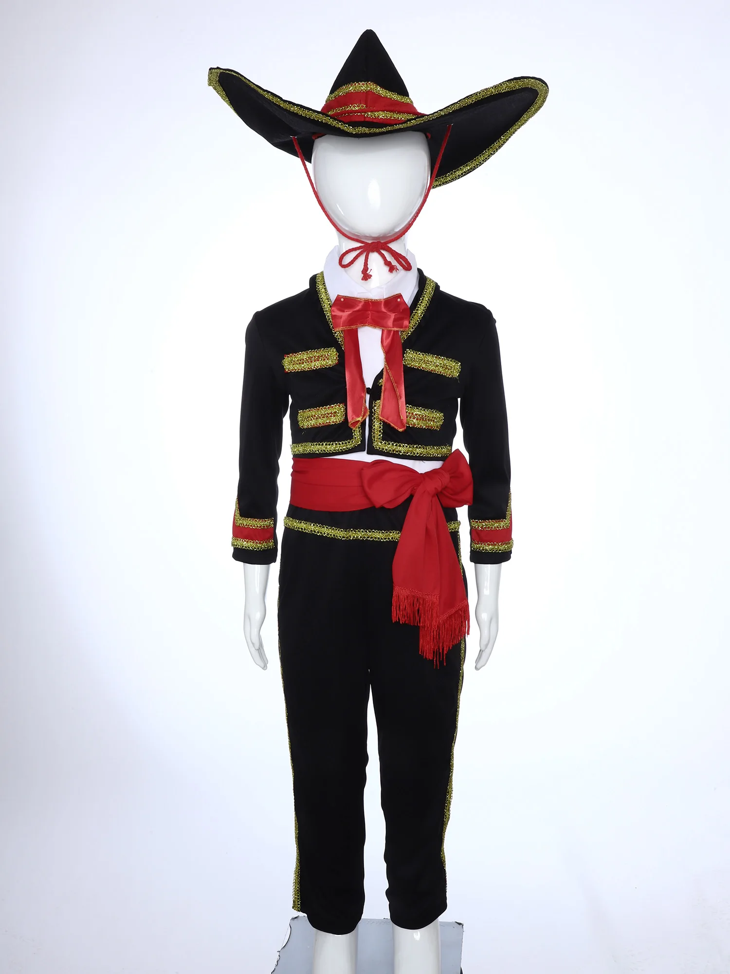 زي مارياتشي المكسيكي للأولاد لحفلات الهالوين والرقص الشعبي المكسيكي بأكمام طويلة وسترة ذهبية مع قبعة بحزام وسراويل #3
