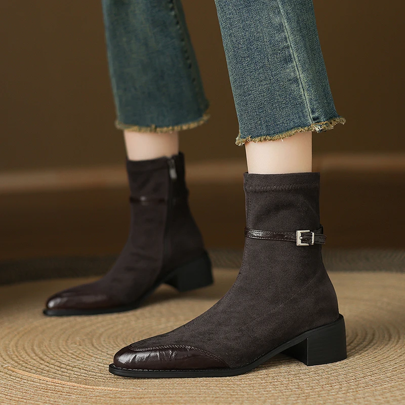 2026 Square Buckle Suede Solid Color Boots for Women, Fashionable and Elegant Side Zipper Mid-length Boots, Sizes 33-43