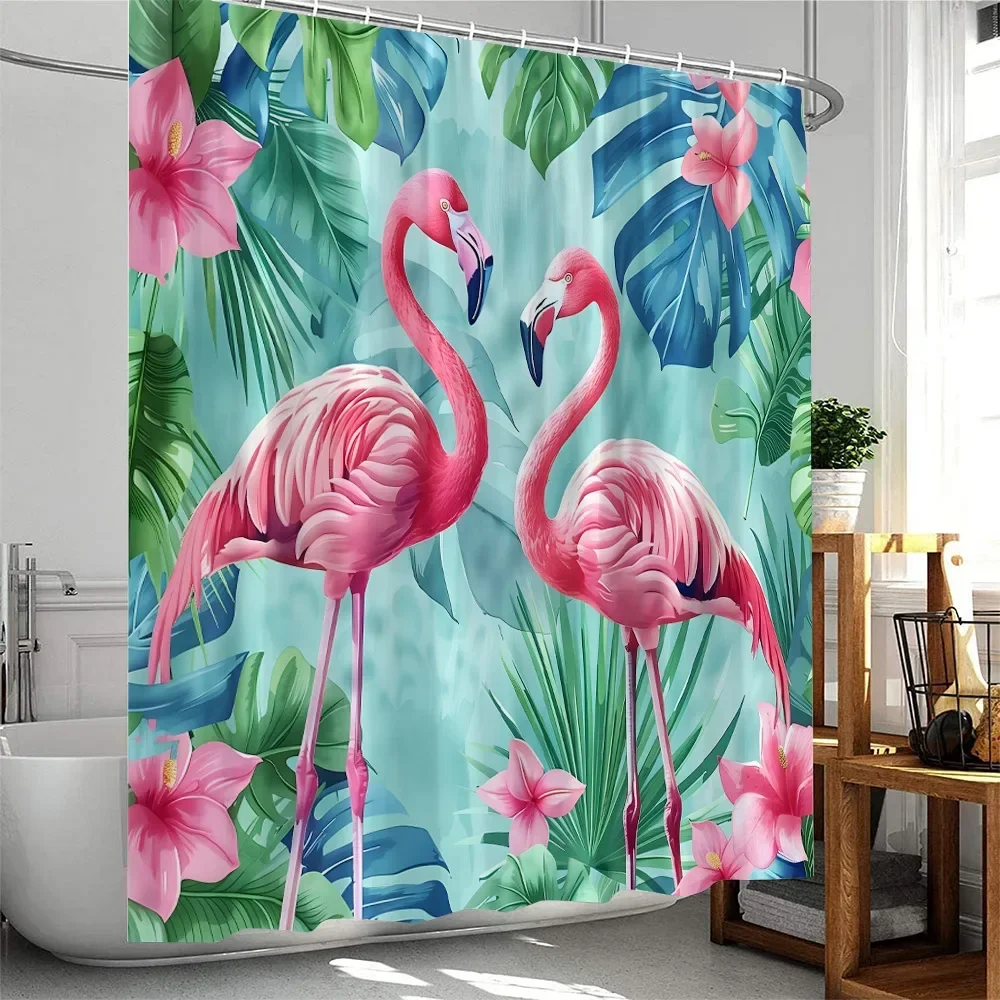 

~O~Tropical Pink Flamingo Shower Curtains Watercolor Flamingos Green Leafves Plant Polyester Fabric Bath Curtain Bathroom Decor