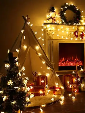 1pc LED Christmas Snowflake String Light Indoor & Outdoor Hanging Decorative Lighting Fairy Atmosphere Lamp For Garden Party
