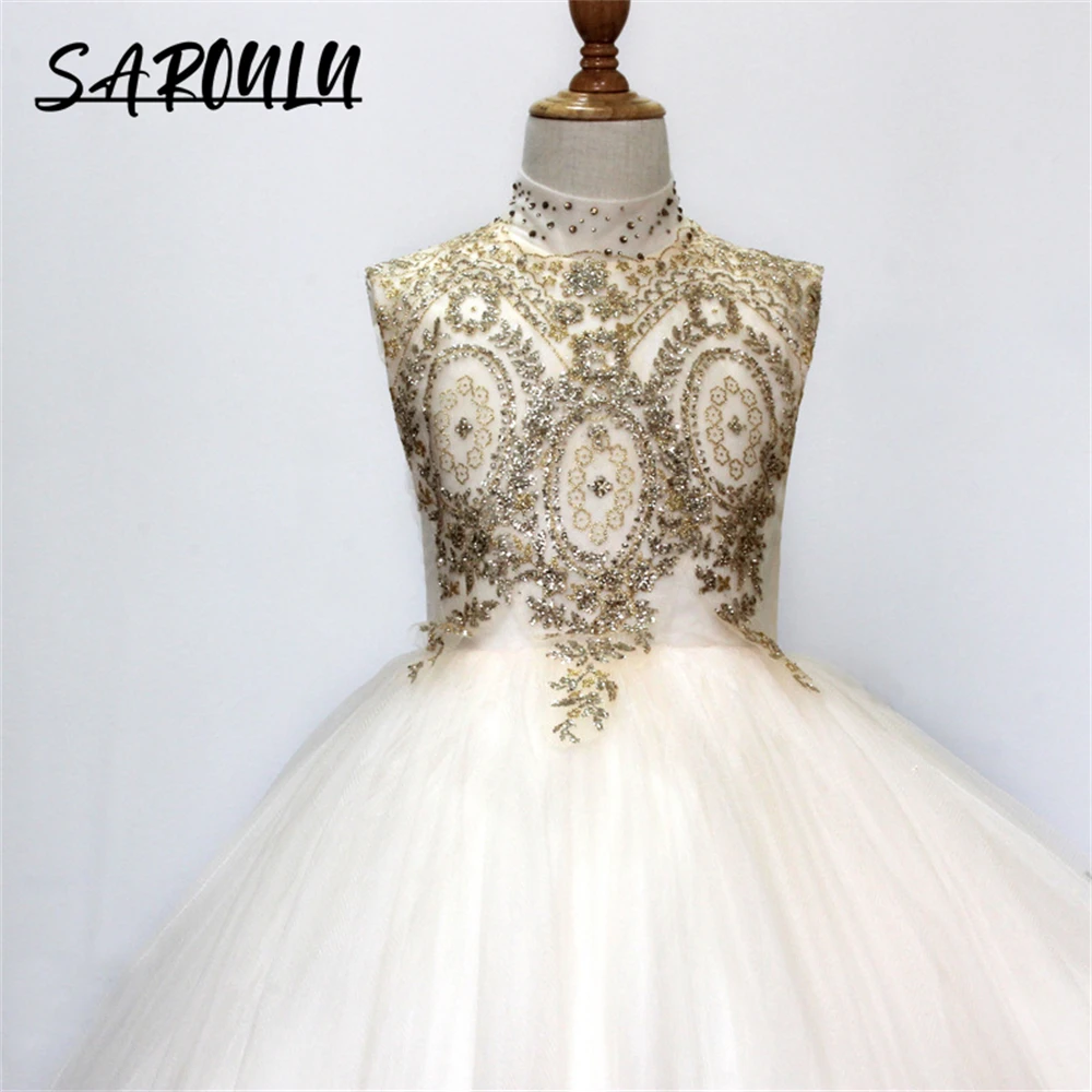 Robe de demoiselle d'honneur en fibre d'or pour filles, appliques de luxe, robe de Rhen tulle, robe formelle, fête de mariage, cadeau d'anniversaire