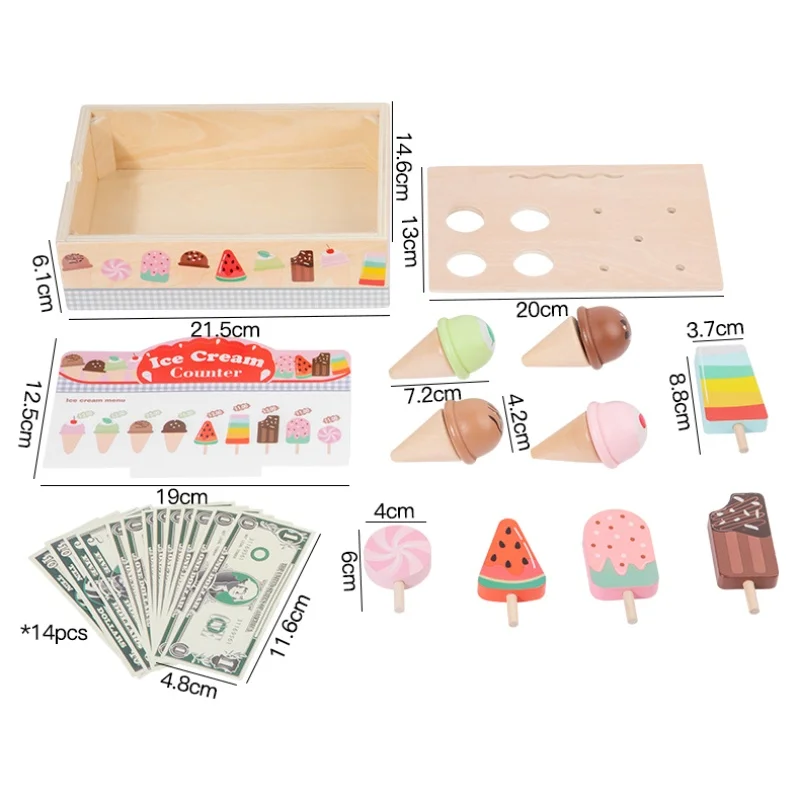 Conjunto de balcão de sorvete de madeira para brinquedos de criança, montessori fingir jogar brinquedos de comida acessórios de cozinha