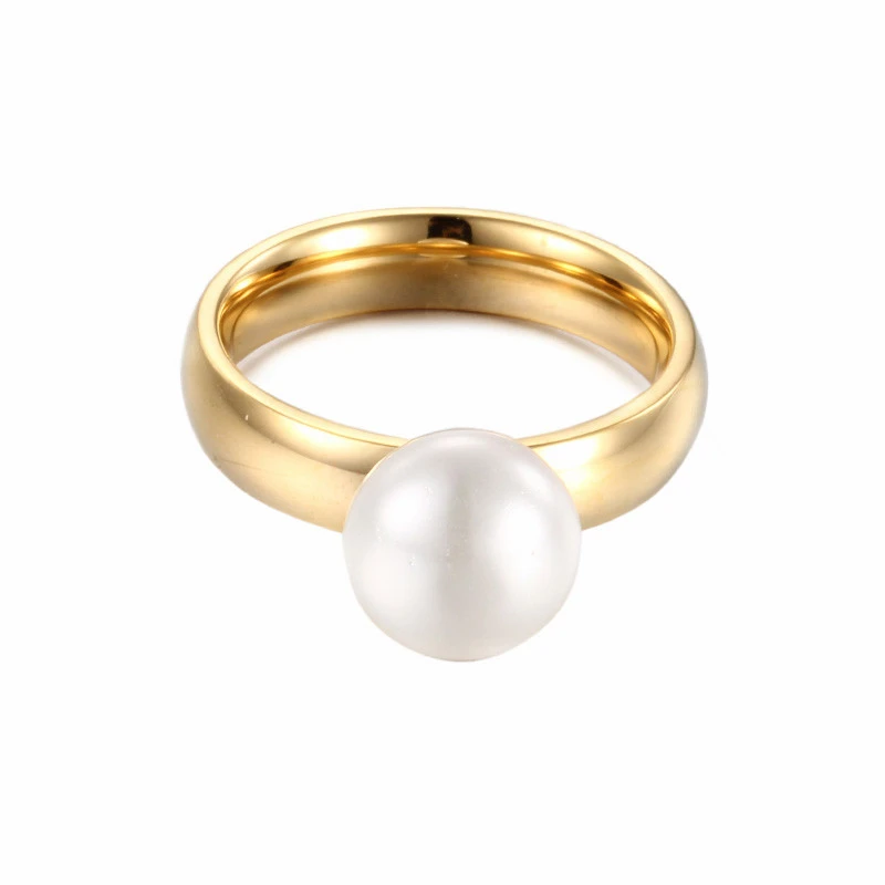 Stainless Steel Rings Women Shell Simulated-Pearl Round Rings For Women Gold Color Wedding Bands Jewelry Elegant Gifts