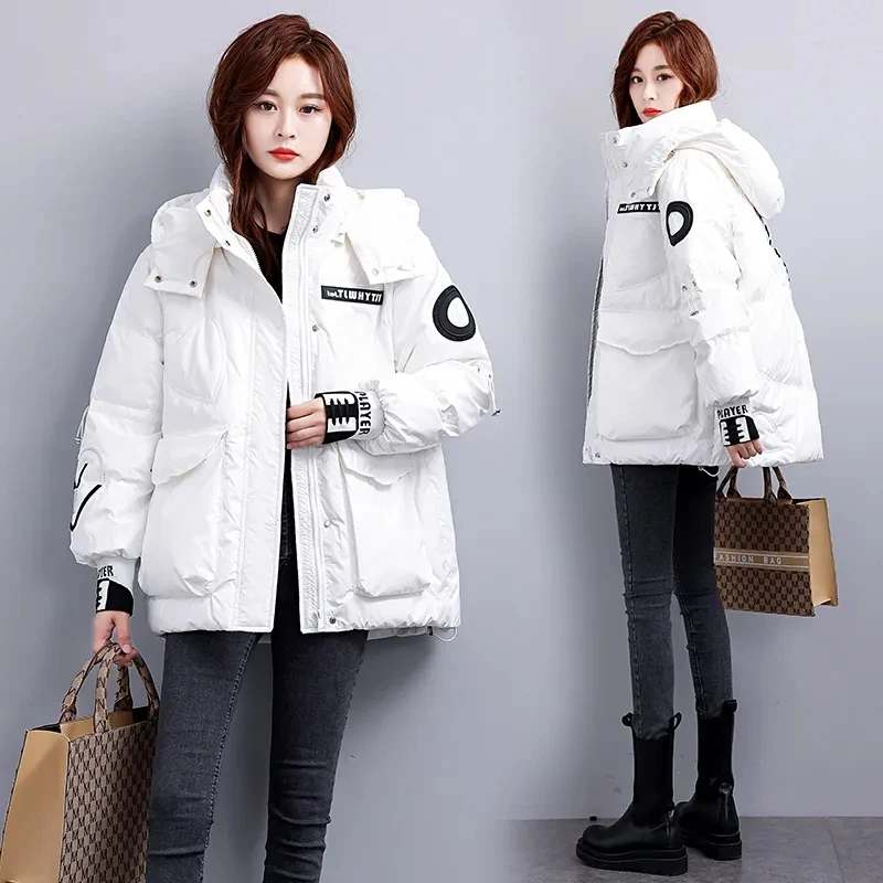 Womens Loose Print Padded Down Jacket Cotton Coat Bright Wash Free Thicken Parkas Female Outerwear New Winter Jackets