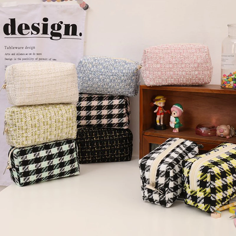 Black Canvas Plaid Travel Cosmetic Lipstick Storage Bag Cute Girls Makeup Handbags Organizer Stationery Pencil Cases Pouch Bag