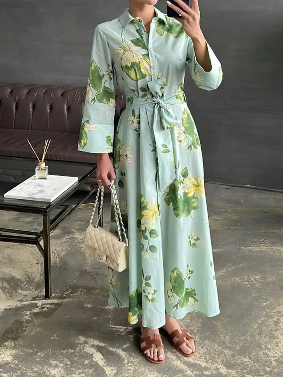 

Women's Mint Green Floral Print Shirt Dress with Tie Waist and Flared Sleeves