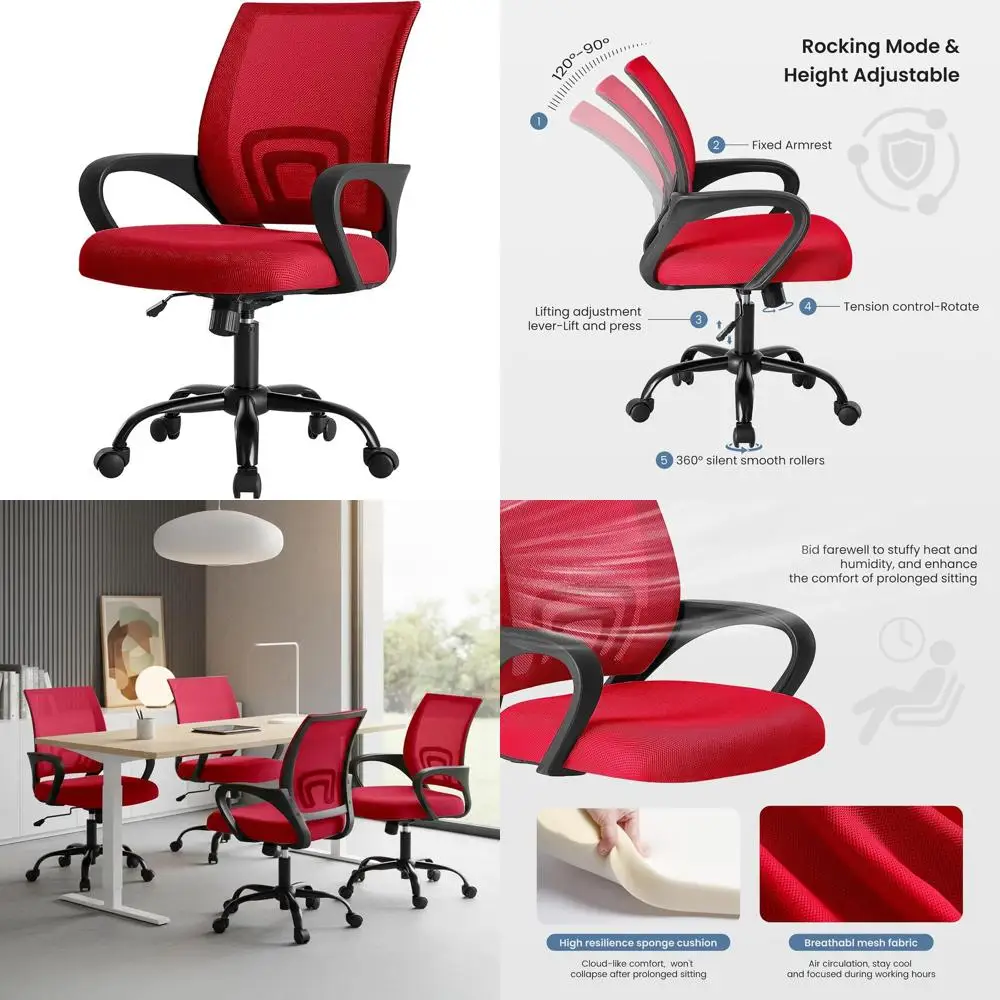 Ergonomic Lumbar Support Desk Chair with Rocking, Adjustable Height, Fixed Armrests, Storage, 360° Swivel, Ideal for Gaming, Mee