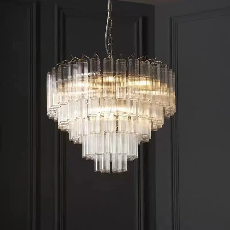 Designer Glass Rod Chandelier Clear Tube Tapered Cascade Multi-Layer Gold Frame Pendant Light for Living Dining Villa