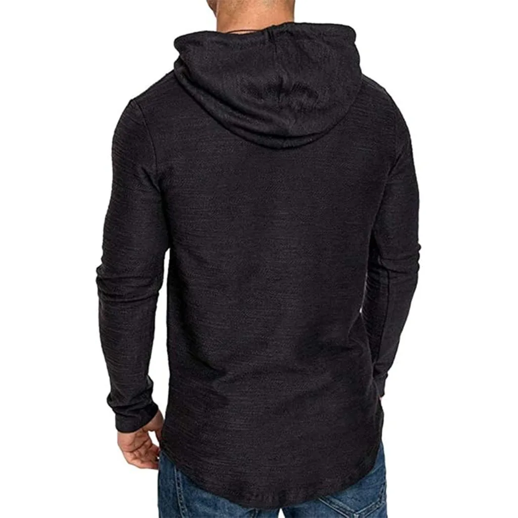 Herren-Langarm-T-Shirt mit Kapuze, Kordelzug, Baumwolle, lässig, gemütlich, einfarbig, schmale Passform, für Herren, Sport, Fitness, atmungsaktiv – Detail 13