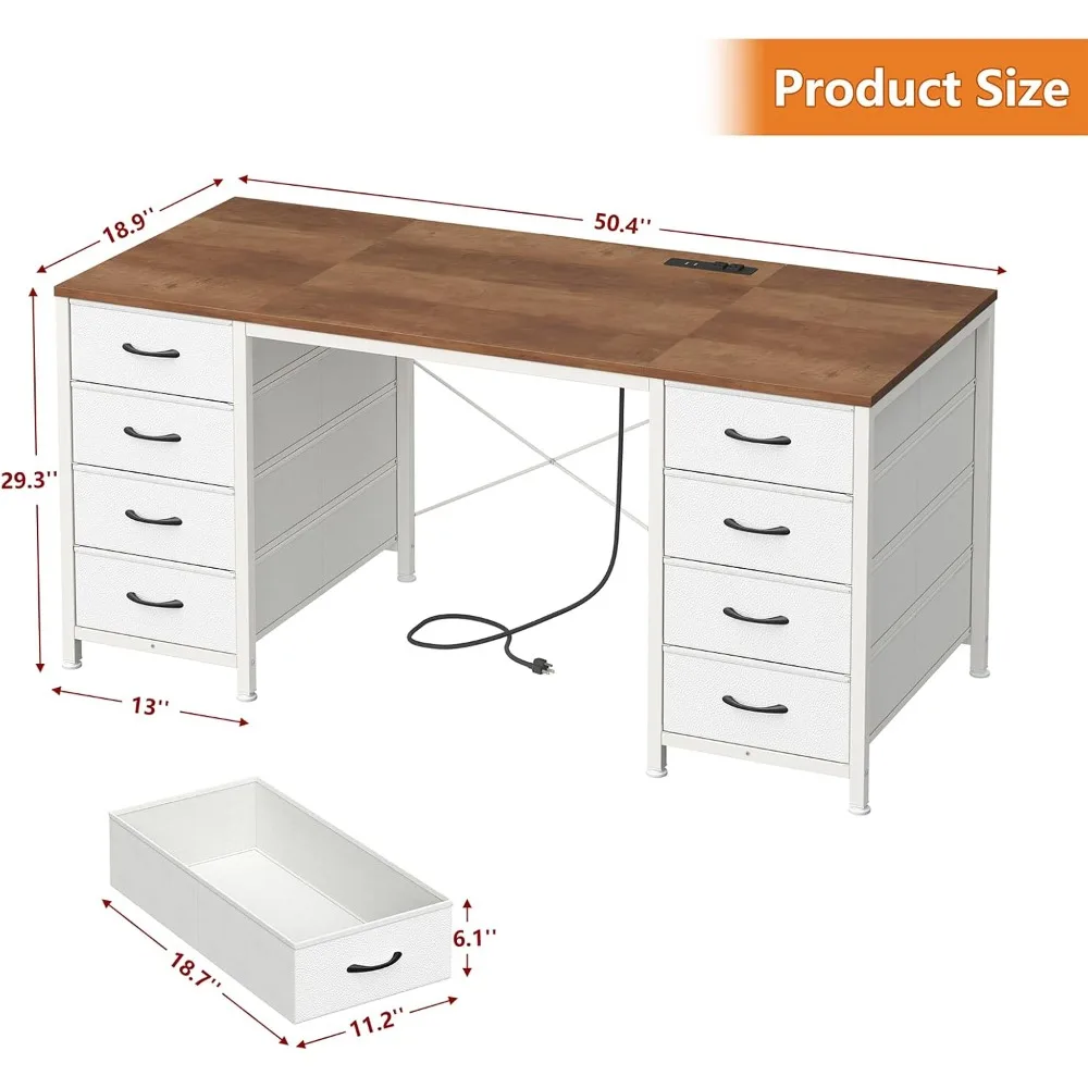 50 Inch Computer Desk with 8 Drawers, Home Office Desk with Power Outlets, Work Study Gaming Desk with 8 Fabric Drawers, Brown a