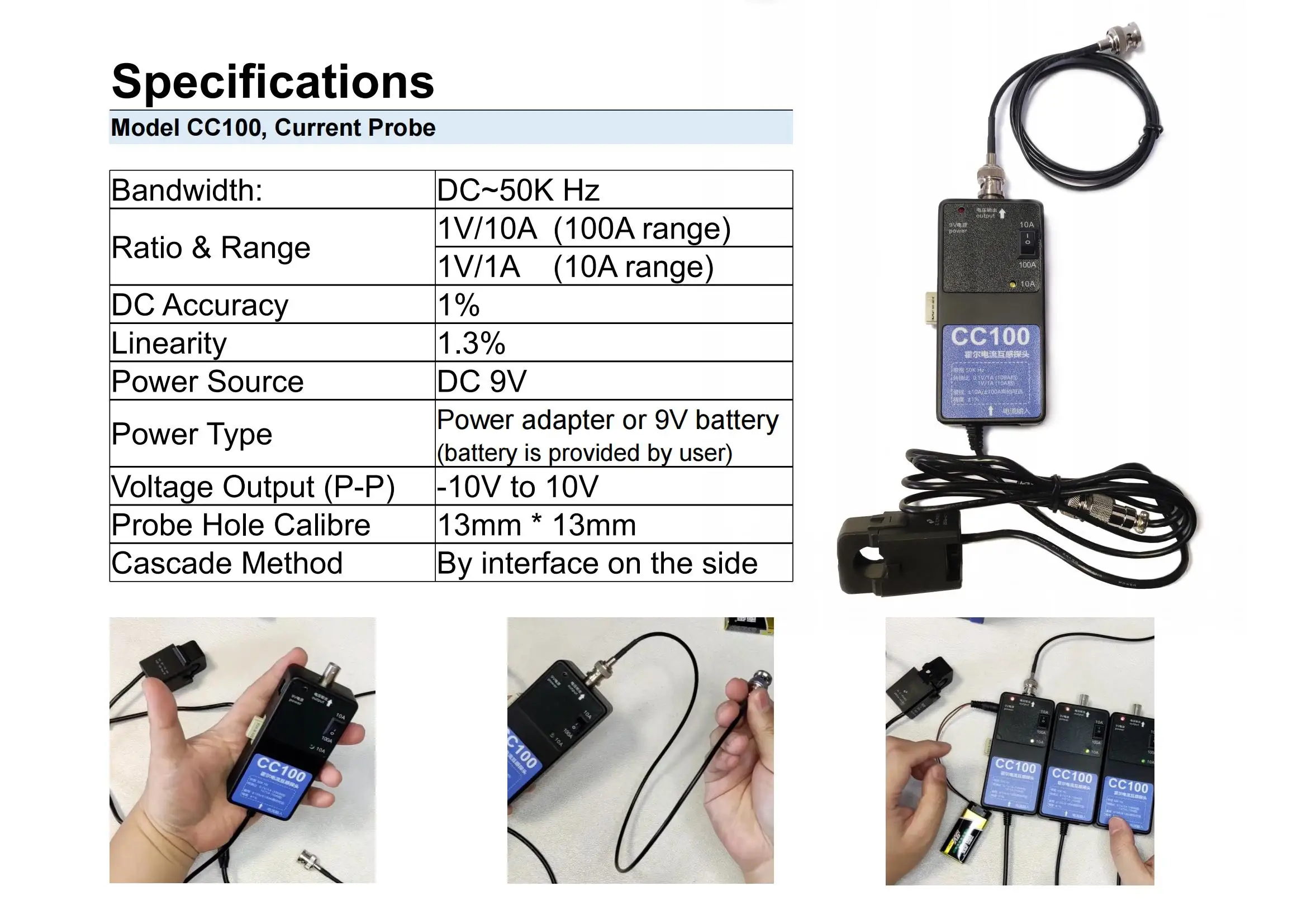 LOTO CC100 Current Clamp Probe - DC to 50KHz, Universal Oscilloscope Compatibility