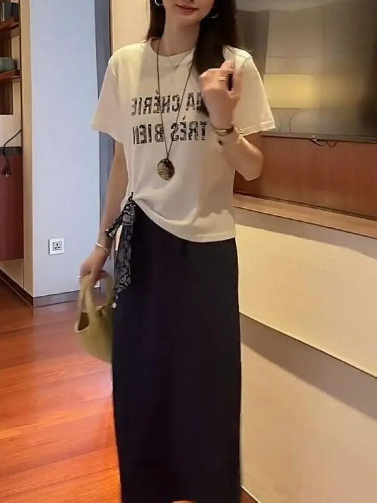 

Fashionable Printed Short Sleeve T-Shirt And High Waist Skirt Set for Women Summer 2026 Asymmetrical Belt Design Breatha...