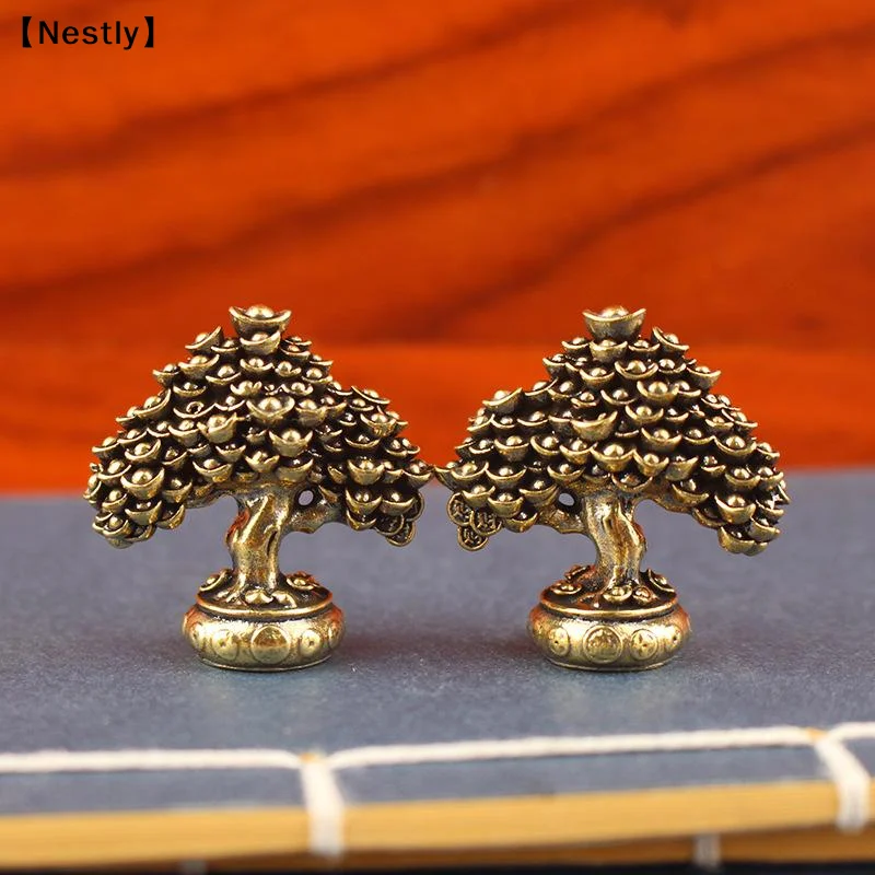 Brass Fortune Tree Ornaments Potted Tree Ingot Tree Retro Brass Ornaments Living Room Office Desktop Sculpture〔Nest〕