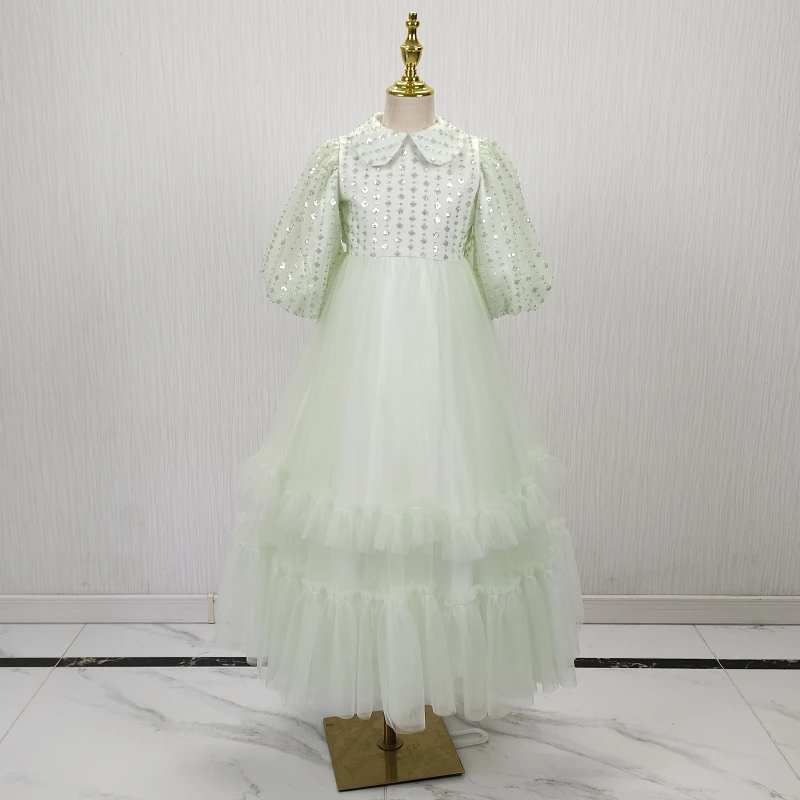

Real Photo Customized Flower Girl Dress Green Modest O-neck 3/4 Sleeves fully lined Zipper Back A-line Floor Length Kid Gown