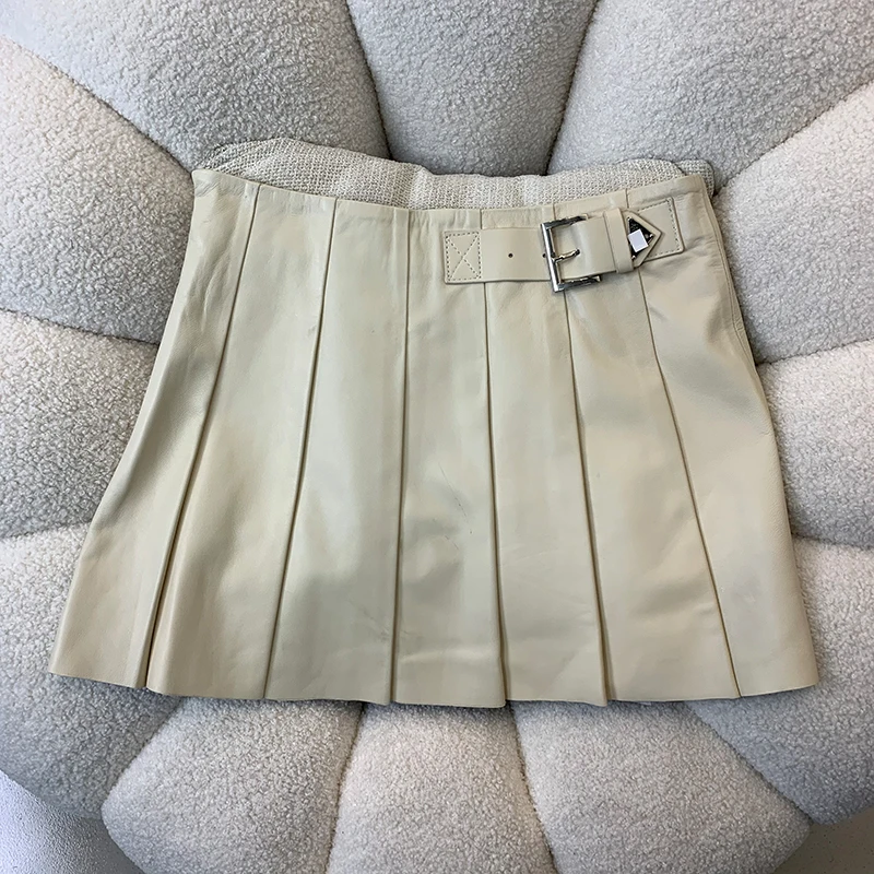 Genuine Sheepskin Skirts for Women 2024 Korean Style Women\'s High Waist A-line Real Leather Skirt Slim Fit Short Pleated Skirt