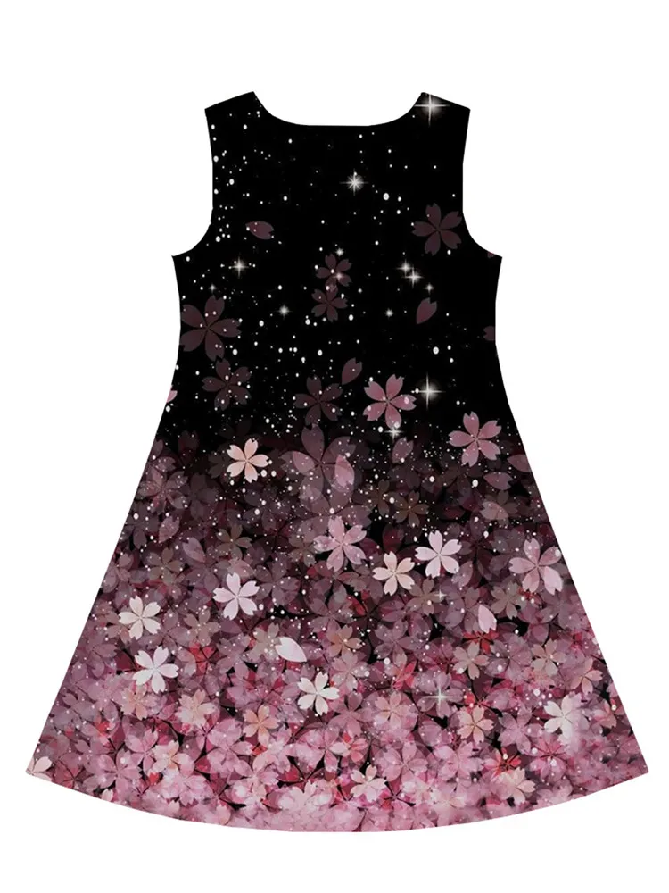 Vestido de verão para meninas, sem mangas, colar redondo, estampa floral, estampa 3d, vestidos de princesa para meninas de 8 a 12 anos