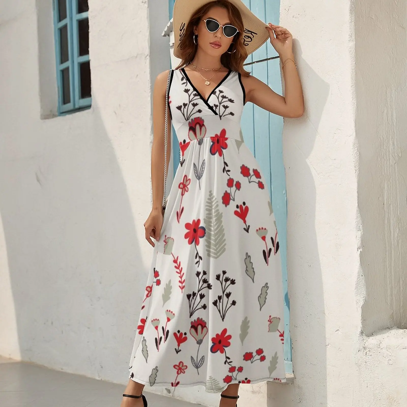 Red Vintage Floral Pattern Sleeveless Dress Women's summer suit Woman fashion dress for women 2024