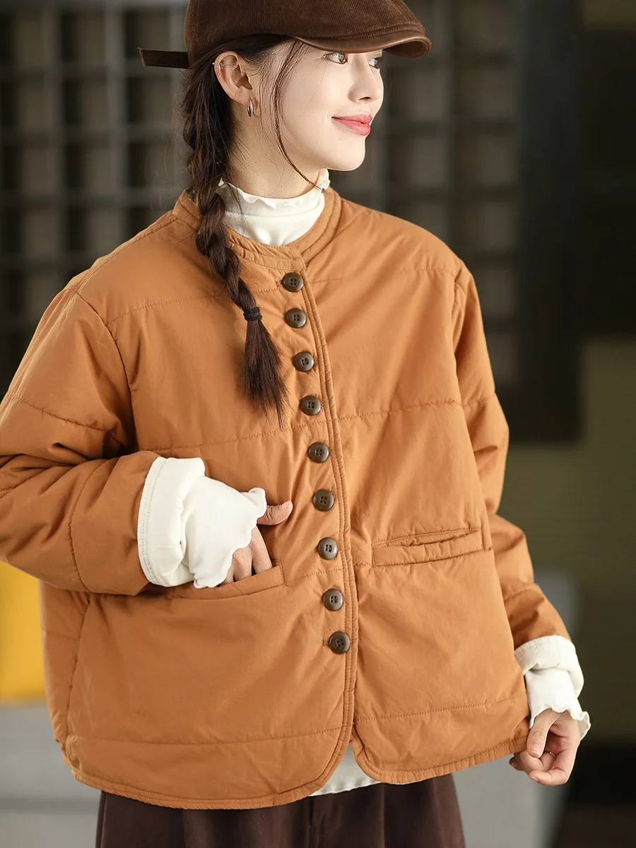 

Thiened 00% Cotton Winter Jaet Women's Warm ort Cotton Coat Retro Sle Button Closure Long Sve round Ne Pure Color