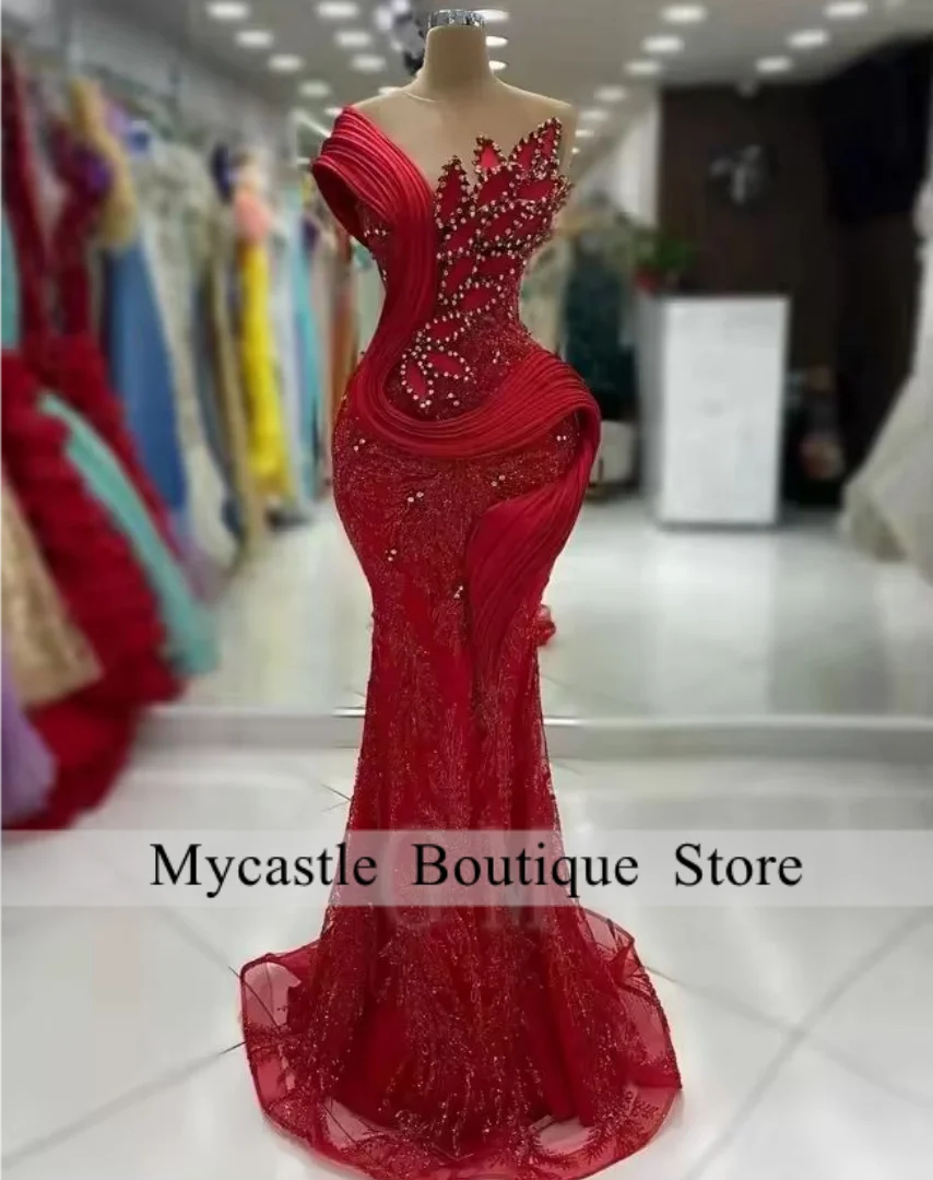 

Aso Ebi Вечерние платья Длинные роскошные платья русалки с одним рукавом и бисером со стразами и листьями Красные шикарные платья для дня рождения и выпускного вечера на свадьбу