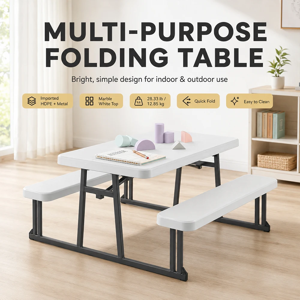 Folding Picnic Table with Benches Set Portable Outdoor Garden Yard BBQ Desk Heavy Duty HDPE Metal Dining Tables for Indoor Study