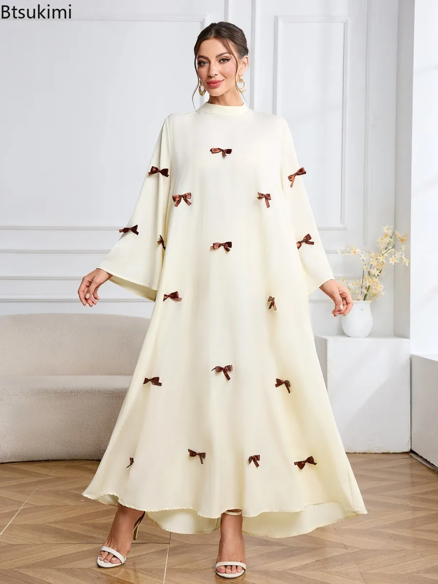 

Женское мусульманское платье-абайя 2026 для Ид, арабское, с бантом, расклешенными рукавами, длинное, в стиле джалабия, кафтан для Рамадана, повседневные марокканские платья-вестидос