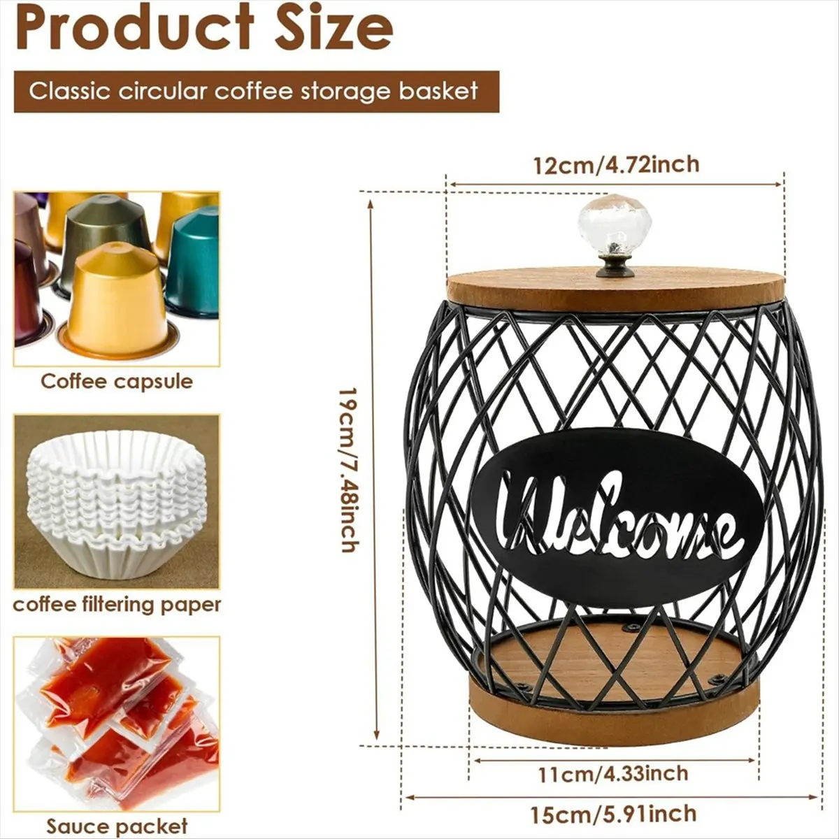 N14R Top Coffee Pod Holder with Lid, Large Capacity Coffee Pod Storage Basket, Round Iron Coffees Pods Basket Holder