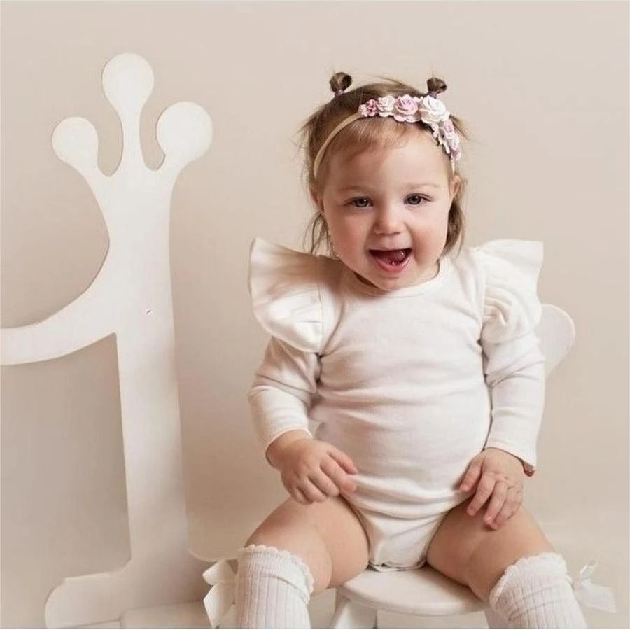 

Newborn Children's Exquisite Lace Lace Bodysuit Girls' Ruffled Long Sleeve Solid Color Bodysuit Slim Fit Ladies Triangle Creeper