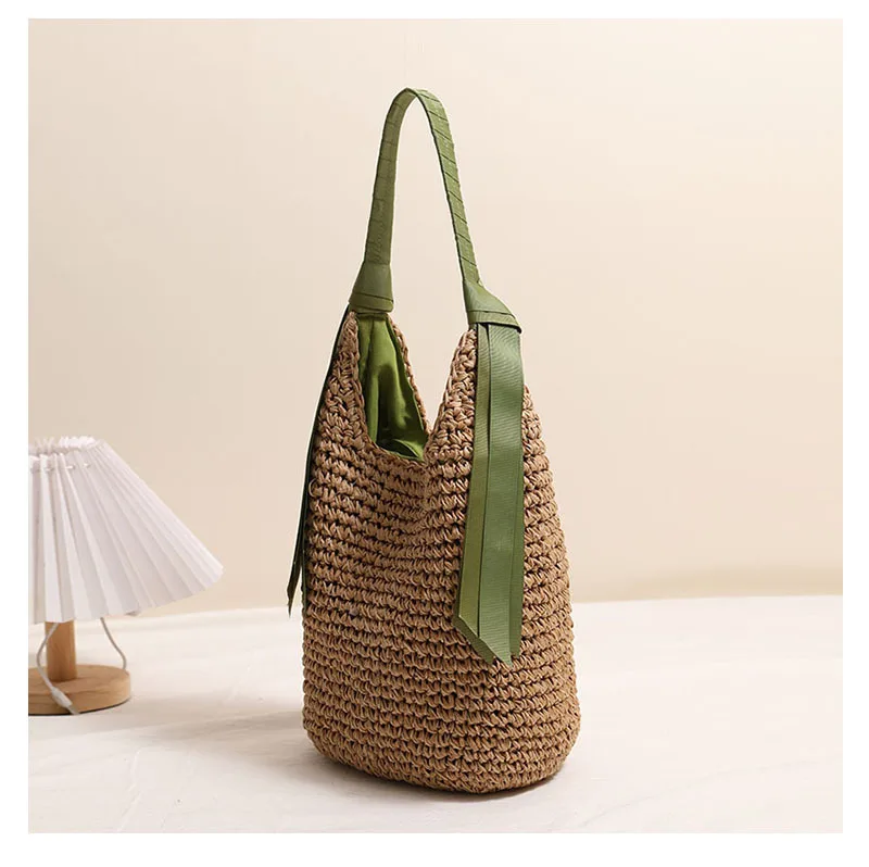 Neue 2026 Einfarbige Strohtasche Sommer Bohemian Style Strandurlaub Einzel-Schultertasche Geflochtene Handtasche für Damen – Detail 5